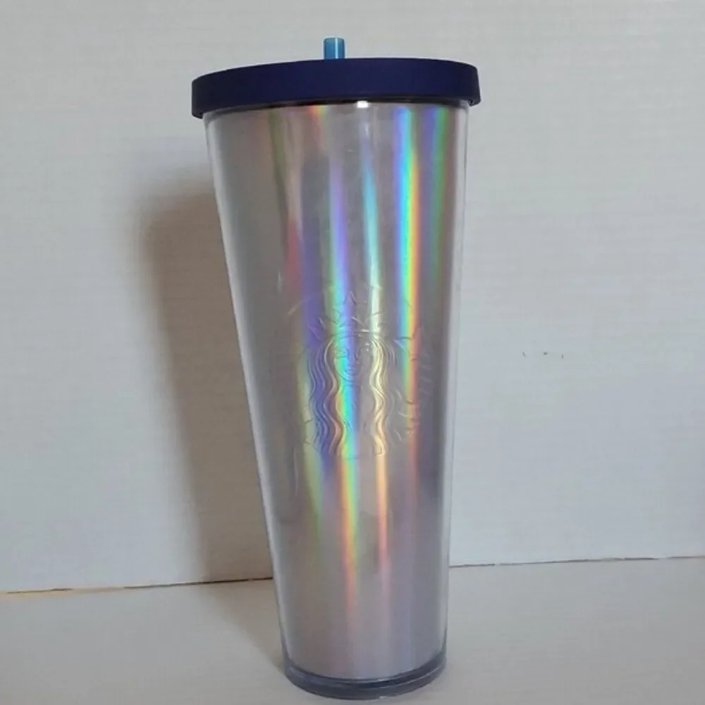 Starbucks Rainbow Iridescent Travel Tumbler Cold Cup 2015 Venti 24 Oz Blue